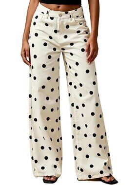 Trendy Polka Dot Wide Leg Jeans | Casual Mid Rise Y2K Boyfriend Denim Pants